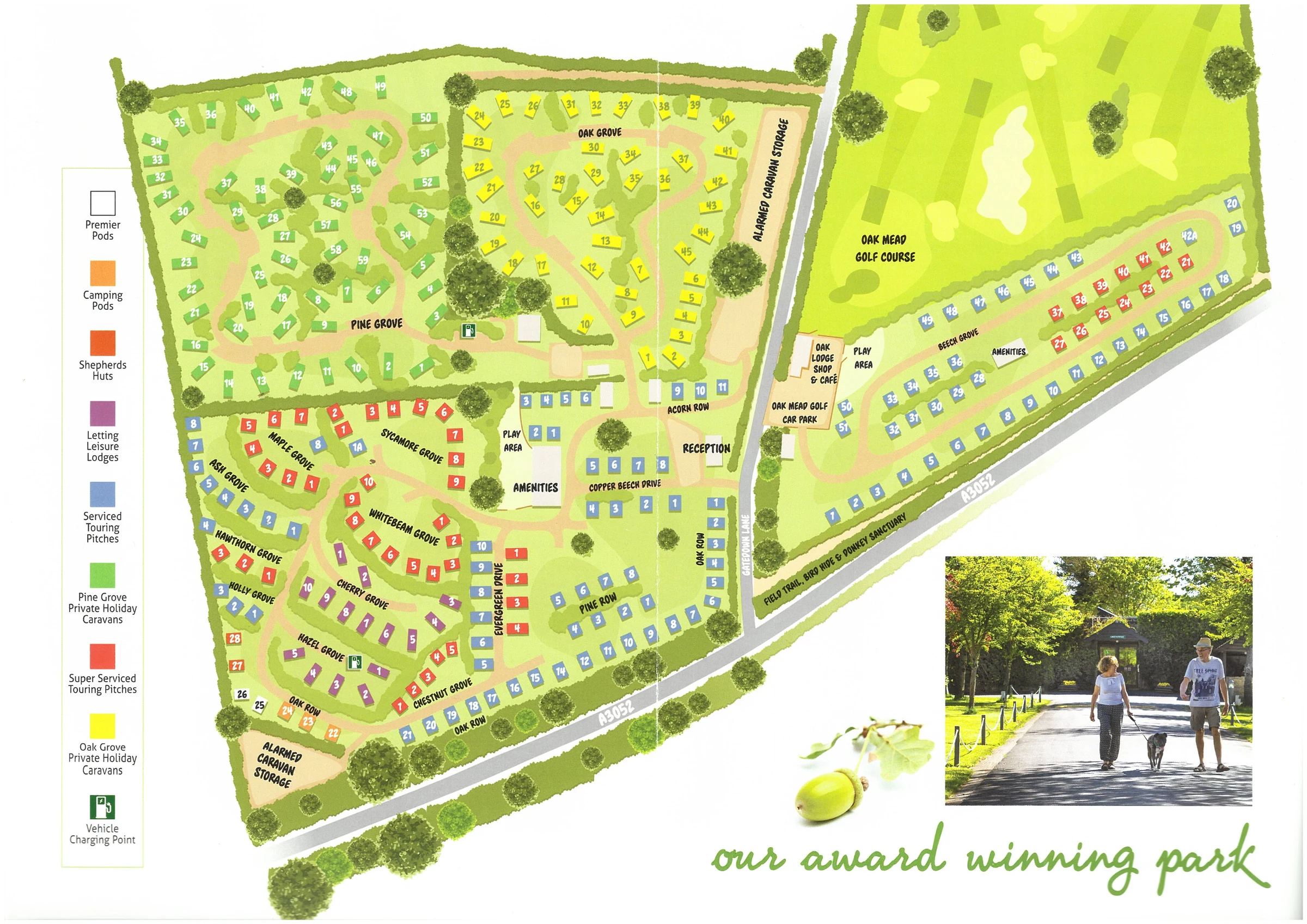 Site map of Oakdown Holiday Park showing the touring pitches, camping fields, lodges, glamping pods, shepherd’s huts, reception, facilities and Oak Mead golf course